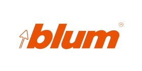 Blum Logo in kräftigem Orange mit stilisiertem Pfeilsymbol.