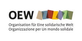 Logo der OEW mit schwarzem Schriftzug und farbigen grafischen Formen darüber.